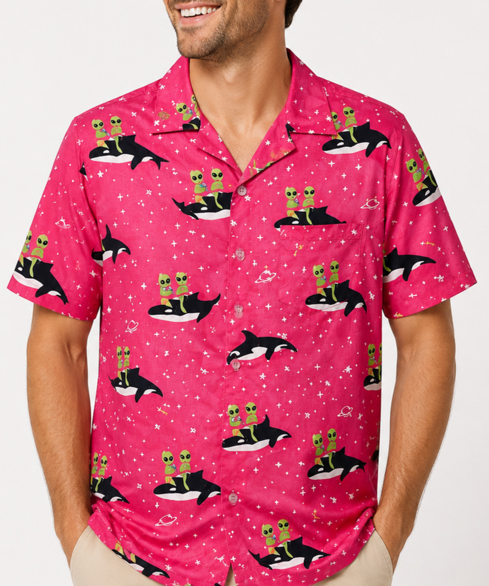 Aloha Co Resort Wear Men's Alien Orca Pink Hawaiian Camp Shirt Small Fun Novelty